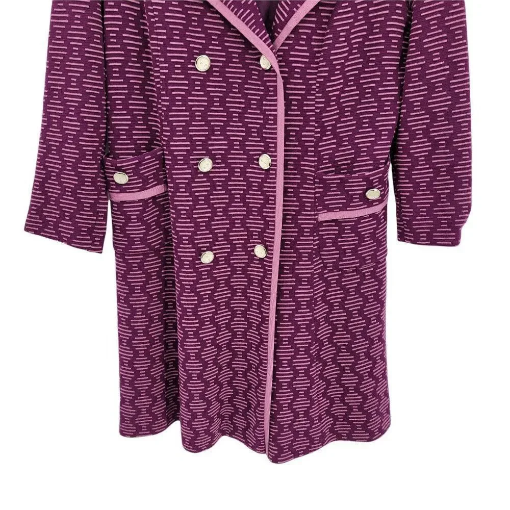 Vintage 60s Trench Coat XL 100% Wool Knit Mod Geometric Print‎ Pearl Button Pink